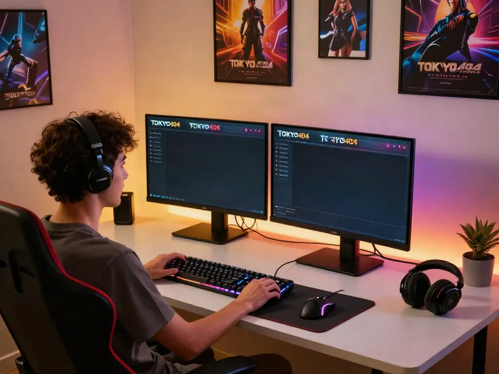Exciting slot88 gaming setup with player at dual monitor desk showcasing TOKYO404 interface.