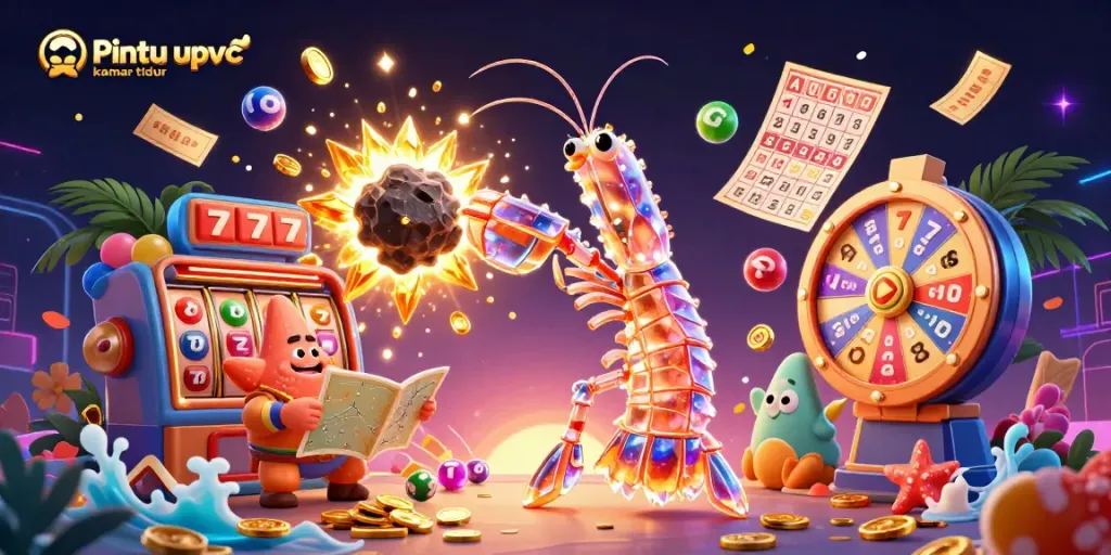 Pintu upvc kamar tidur showcased as a vibrant slot-themed scene featuring a mantis shrimp character, surrounded by dynamic game elements.