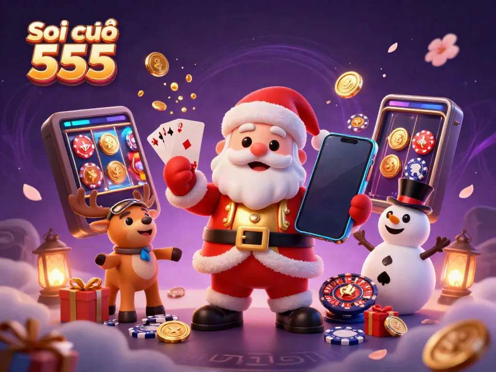 Soi cầu 555 offers exciting slot games as Santa and friends celebrate with smartphones and festive decorations.