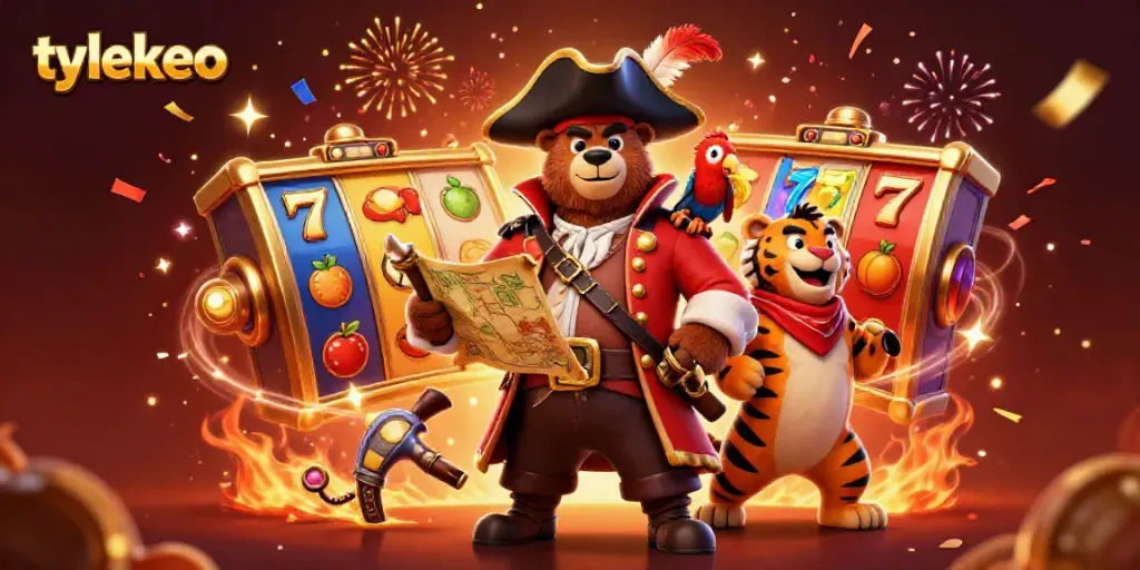 Experience thrilling wins with tylekeo in a vibrant 3D casino scene full of slot elements.