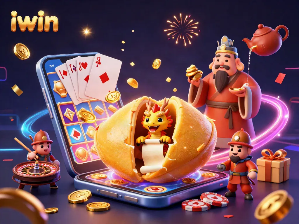 iwin casino scene featuring a golden fortune cookie and dynamic slot game elements.