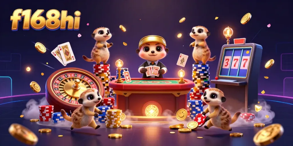 Experience the excitement of f168hi's casino-themed meerkat illustration showcasing dynamic gameplay elements.