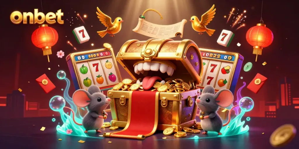 Experience thrilling wins at onbet with a vibrant golden treasure chest, slot reels, and dynamic casino elements.