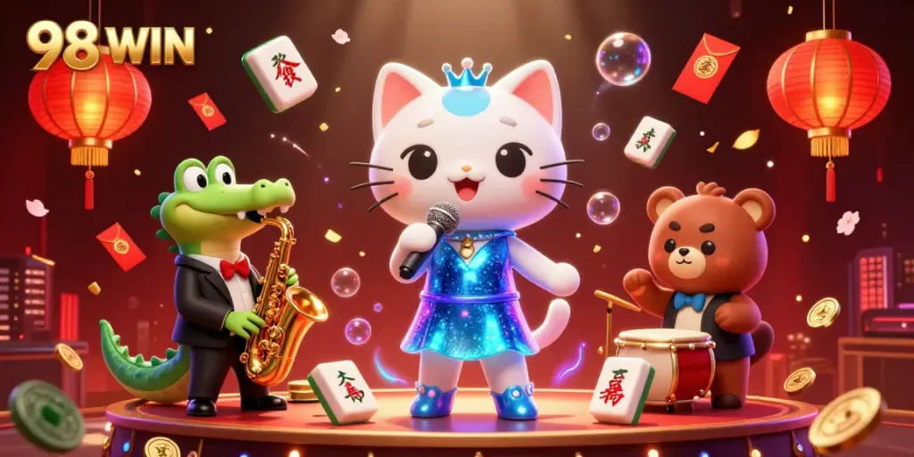 Experience vibrant gaming excitement with 98 WIN in this animated casino scene featuring characters in a dynamic setting.