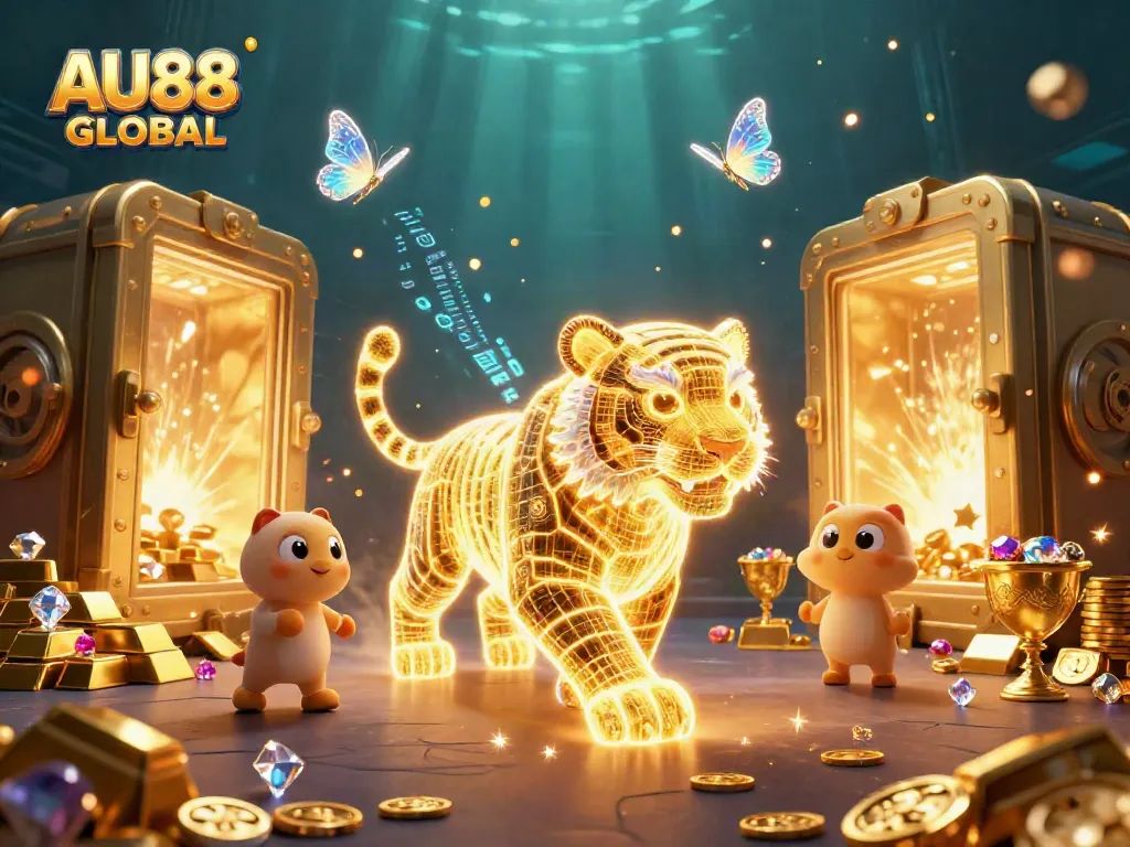 Experience thrilling gameplay at AU88 GLOBAL with a neon tiger illuminating a vibrant casino.