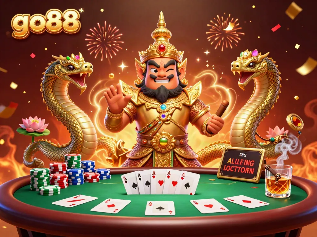 Engage in gameplay with go88, where a yaksha guardian leads a vibrant poker scene filled with chips and cards.