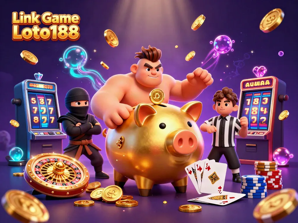 Experience the excitement of Link Game Loto188 with a vibrant cartoon scene featuring a golden piggy bank sumo wrestler.
