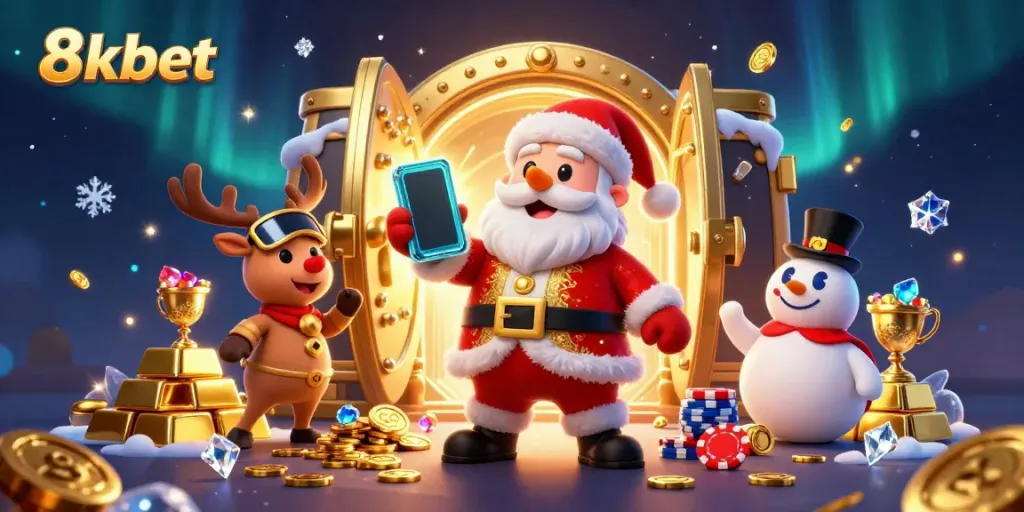 Experience the thrilling action of 8xbet with Santa and friends celebrating casino jackpots.