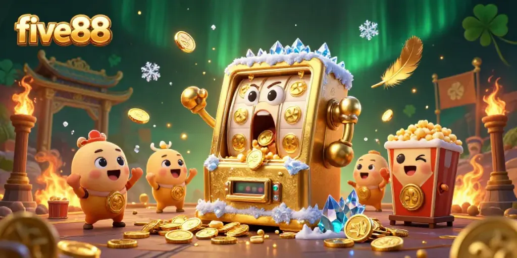 Slot machine surprises with jackpot at five88, surrounded by cheering machines and golden effects.