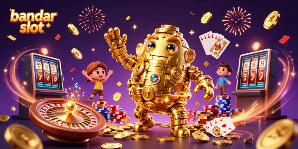 Bermain di bandar slot dengan simbol mesin slot dan koin emas bertebaran menambah keseruan.