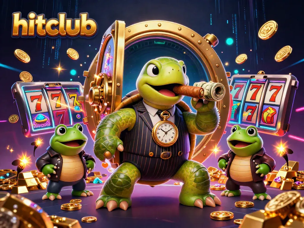 Engage in the thrilling hitclub experience with a cartoon turtle mobster and his bullfrog allies amid a vibrant casino.