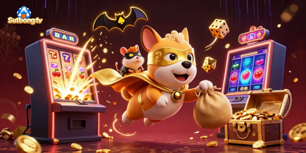 Sutbong tv showcases an exciting superhero scene with a dog and hamster, immersing viewers in the gaming action, under casino-themed elements.