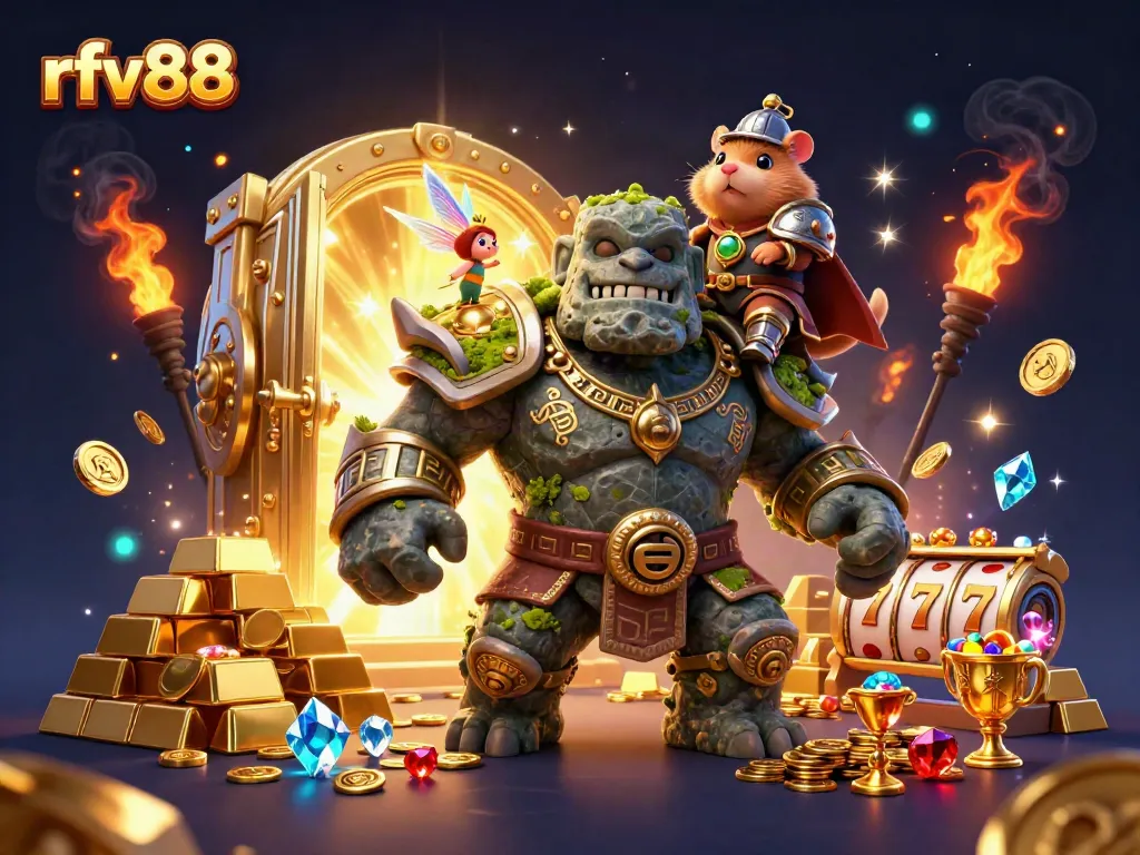 Experience thrilling gaming with rfv88 and a magical scene featuring an animated golem, fairy, and hamster knight.