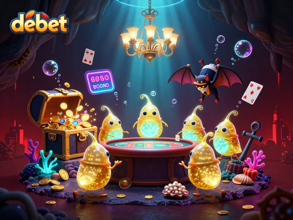 Play the debet casino game with glowworms and a bat dealer in a visually vibrant cave setting.